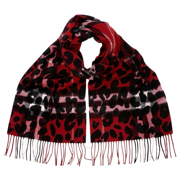 Limited Edition Burberry Animal Print Check Cashmere Scarf Beautiful Red New - Picture 1 of 4